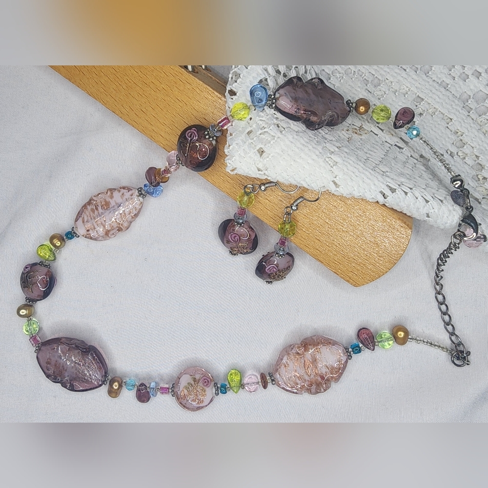 Lavender Pink Glass Bead Multicolor Floral Necklace & Earring Set